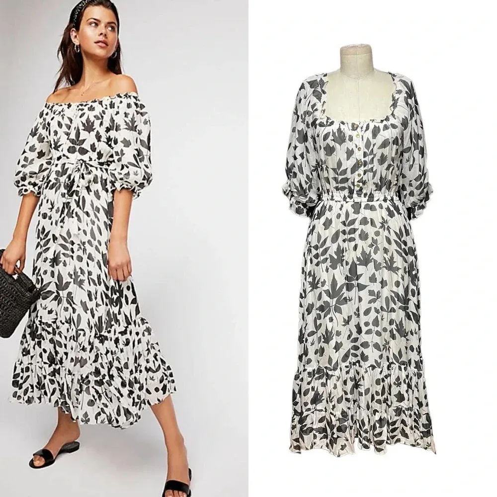 Carolina K for Free People Alexa Maxi Dress White Black Leaves Size Small‎ - Image 2