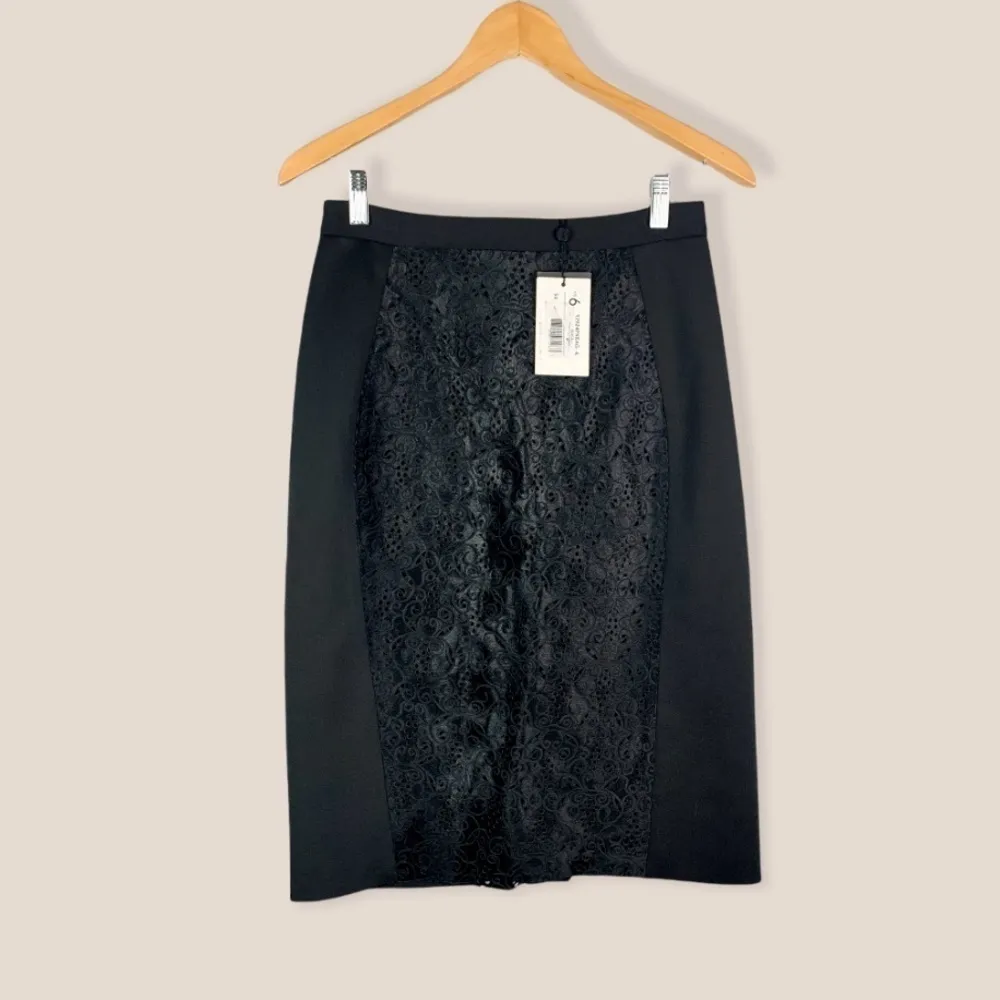 NWT Raoul Eyelet Lace Calf Hair Panelled Slim Midi Skirt 6 Black - Image 2
