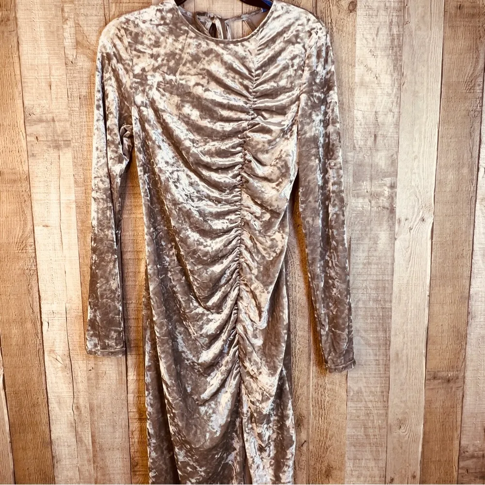Future Collective Small Silver Velour Ruched Front Long Sleeve Open Back Dress - Image 3