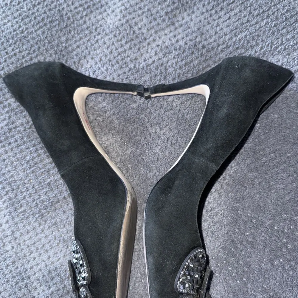 Alomore Black Suede Rhinestone Bow Flats 7.5 Pointed Toe Leather‎ Sole heels - Image 5