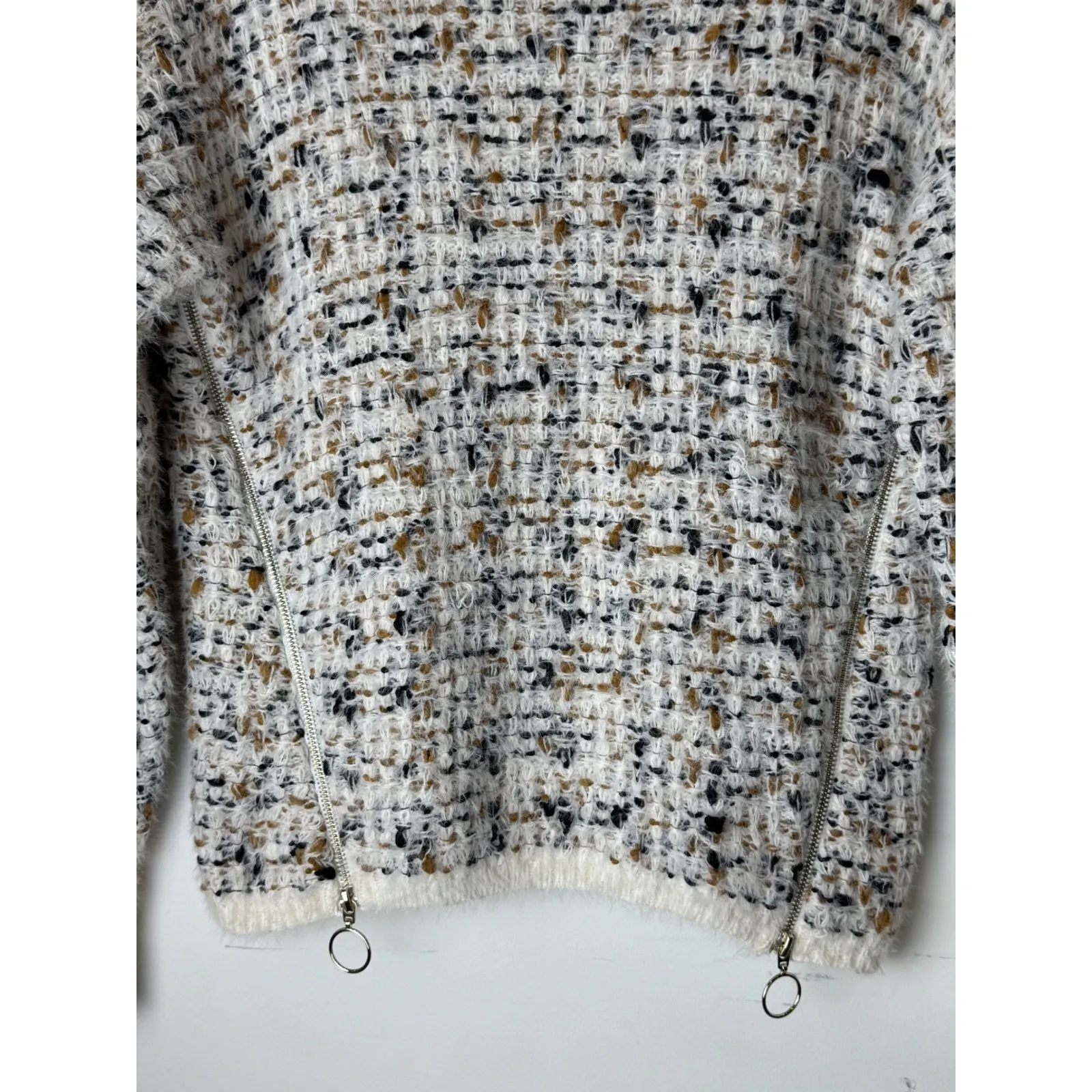 Bobeau Sweater Women XS Ivory Black Tweed‎ Knit Side Zip Crew Neck Pullover NWT - Image 7