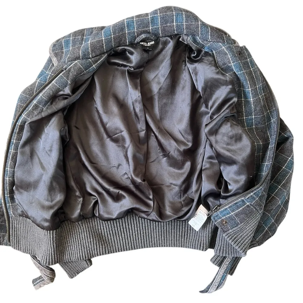 GUESS Jeans Bomber Jacket Fashion Blue Grey Plaid | L - Image 5