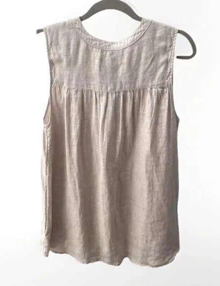 Tahari Beige Sleeveless Linen Blouse Sz S Button Popover Shirt Relaxed Lagenlook - Image 3