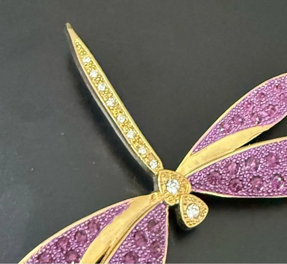Vintage Unsigned Goldtone Amethyst Purple Huge Dragonfly Pave Rhinestone Brooch - Image 9