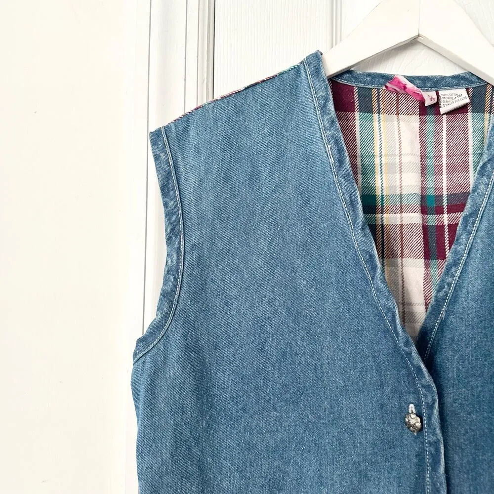 Metro Express Vintage Denim Chambray Red Plaid Flannel Back Button Vest L 14/16 Blue Size L - Image 2