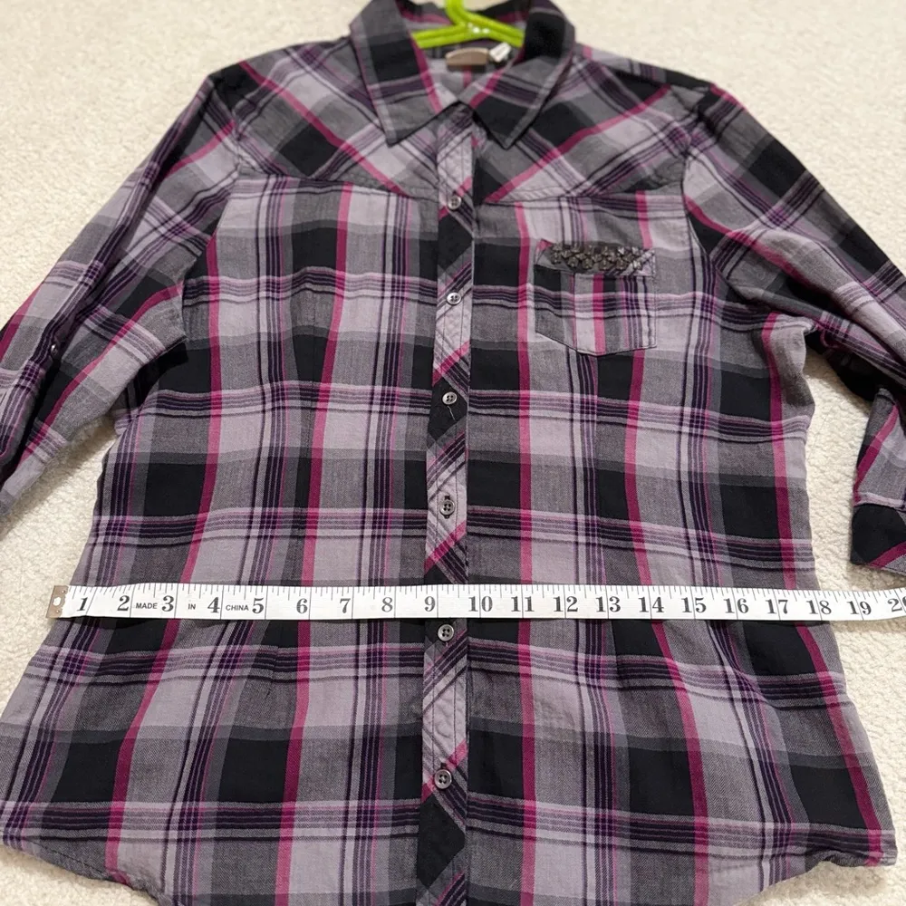 Vintage Mudd Purple and Black Plaid Button Down in XL - Image 2
