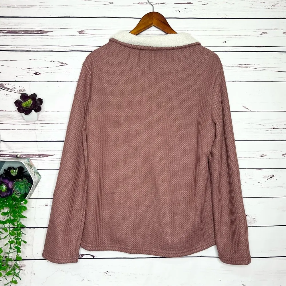 Mauve Dusty Rose Pink Faux Sherpa Collar Knit Pullover Sweater Jacket Size Large - Image 6