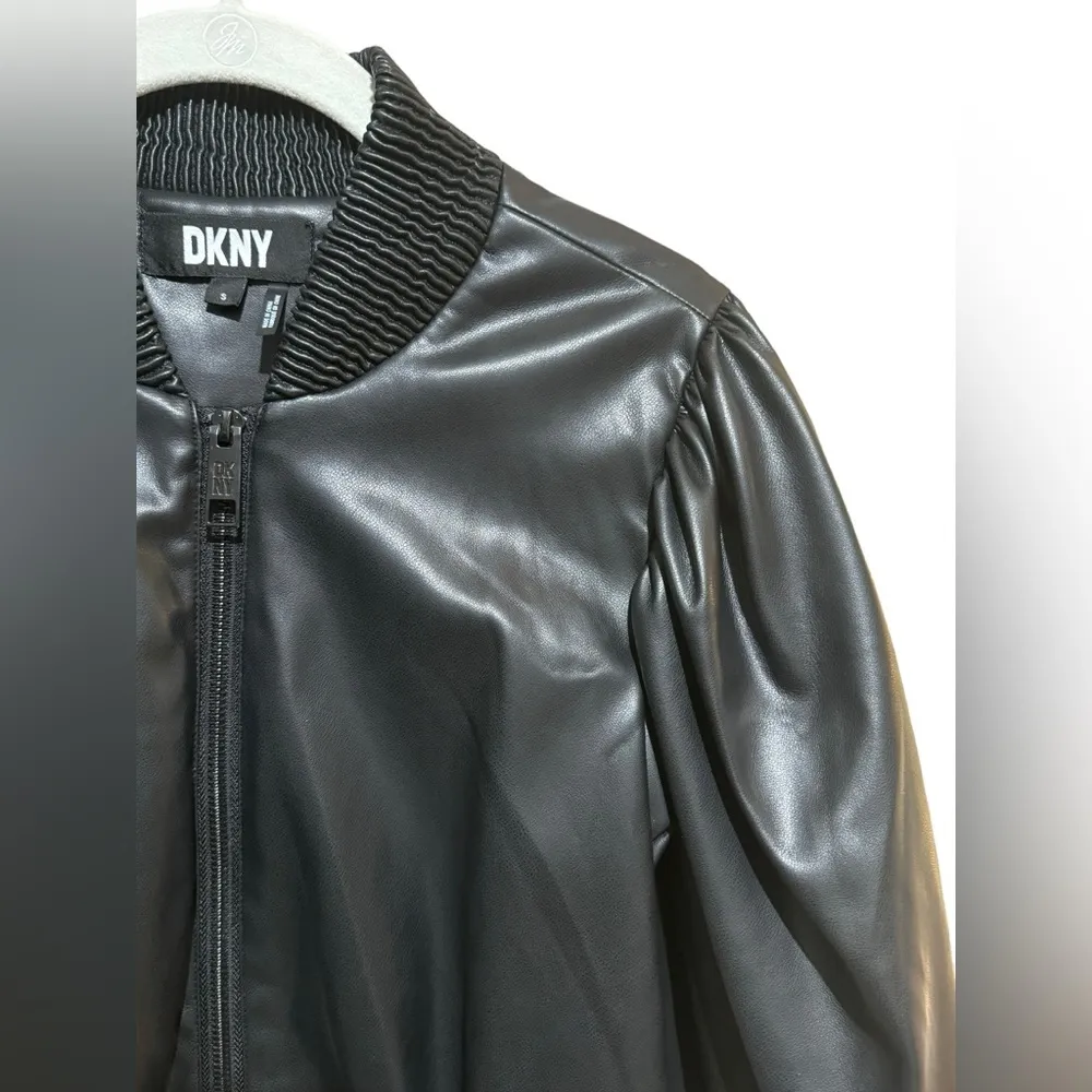 DKNY Faux Leather 3/4 Sleeve Bomber Jacket size S 18” p2p Black $150 Retail NWOT - Image 6