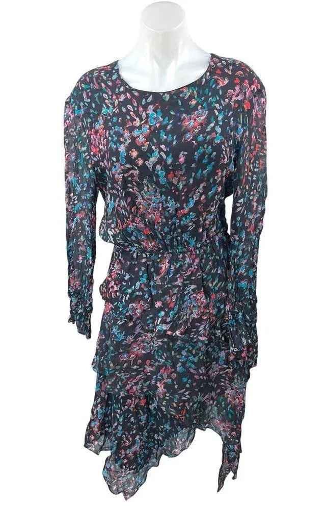 IRO Blank Black Floral Long Sleeve Ruffle Tiered Asymmetric Midi Dress 38 US 6 - Image 3
