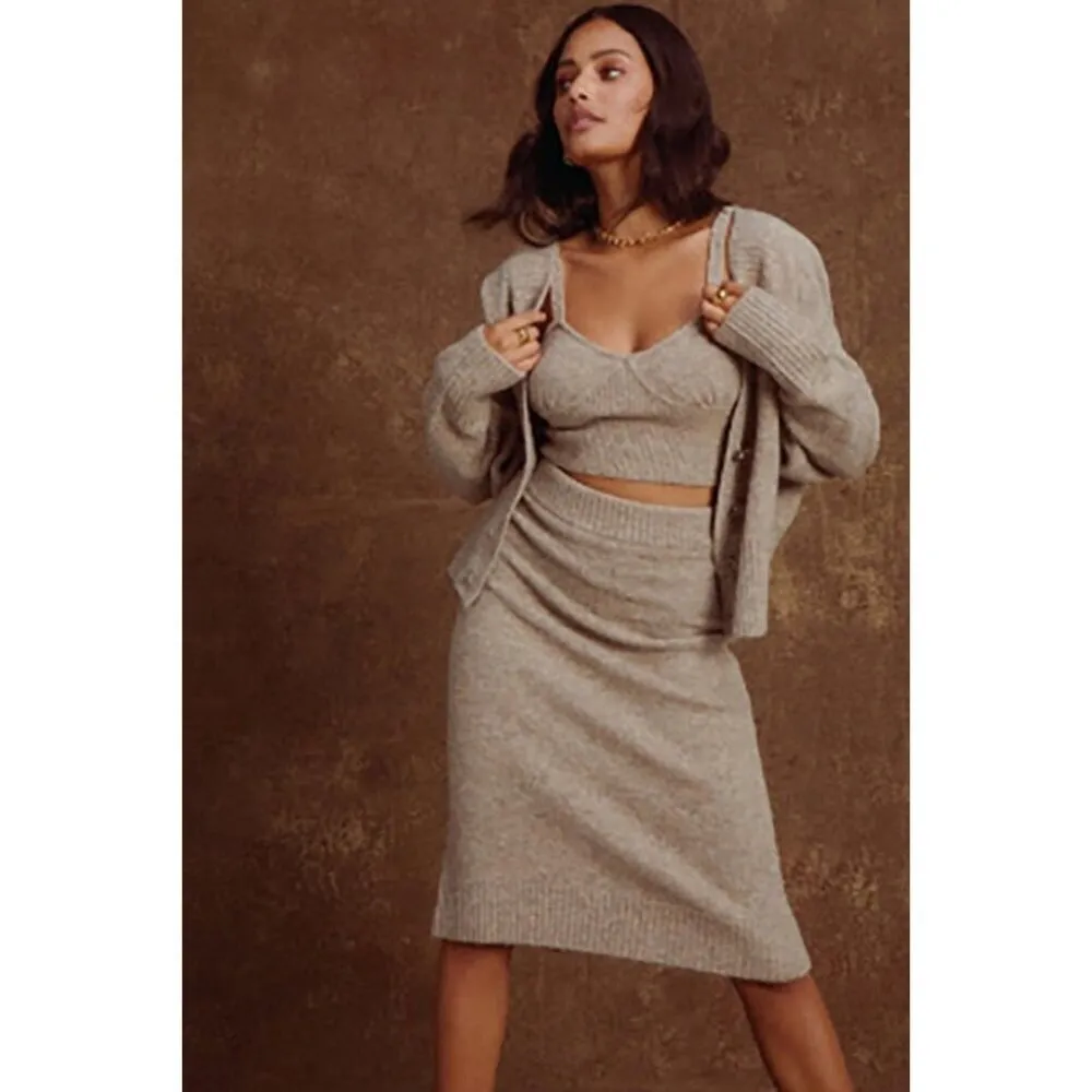 ASTR the Label Terry Knit Belmont Midi Skirt in Taupe Gray Marled Small New - Image 13