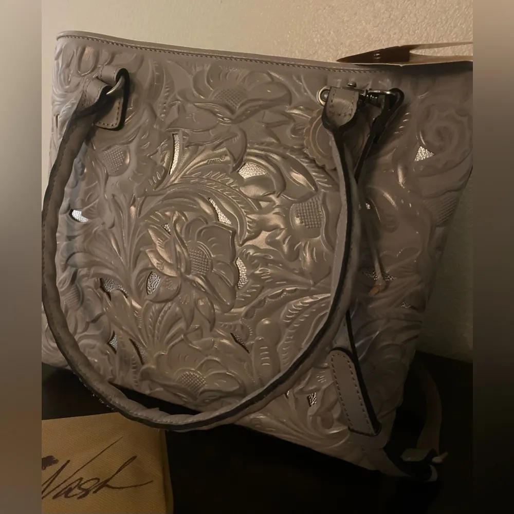 NWT Patricia Nash Leather Cutout Tooled Adeline Tote Handbag - Stone Gray - Image 2