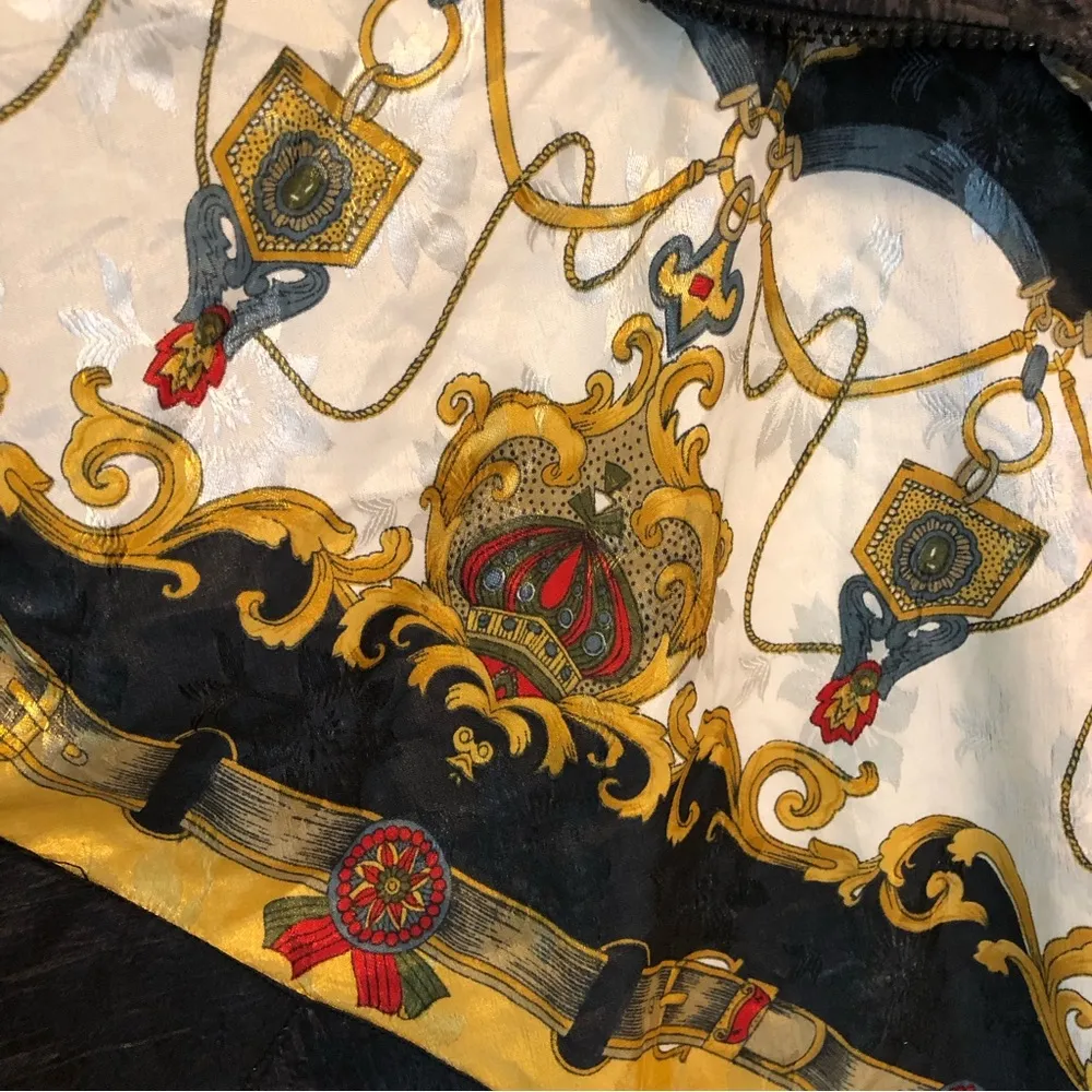 90S VINTAGE Baroque Silk Pattern pentathlon Windbreaker Jacket Large Black - Image 3