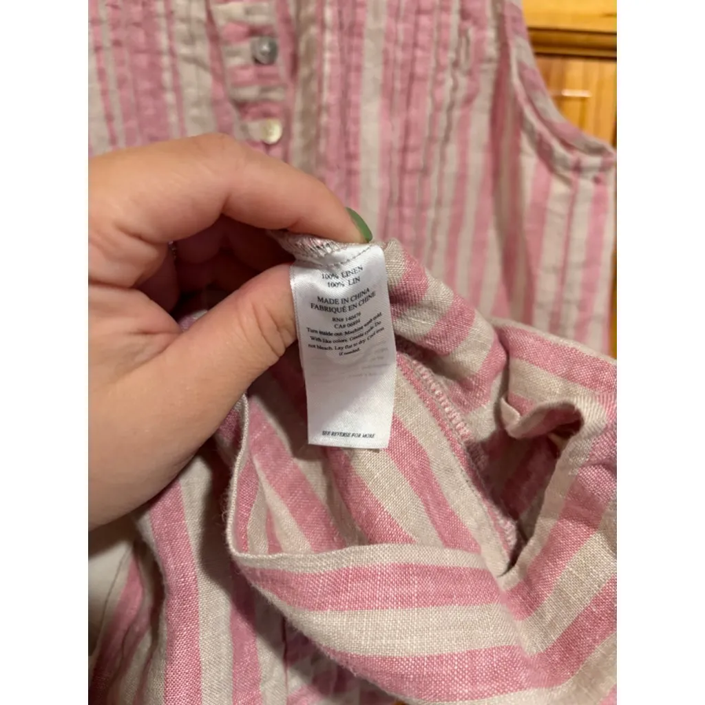 Faherty 100% Linen Striped Sleeveless Tunic Dress XS Pink Beige Button Front - Image 4