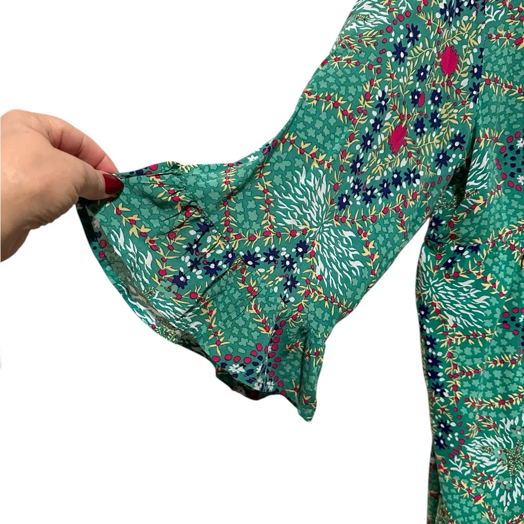 RACHEL ZOE GREEN PRINT TUNIC BOHO BLOUSE TOP MEDIUM M - Image 4