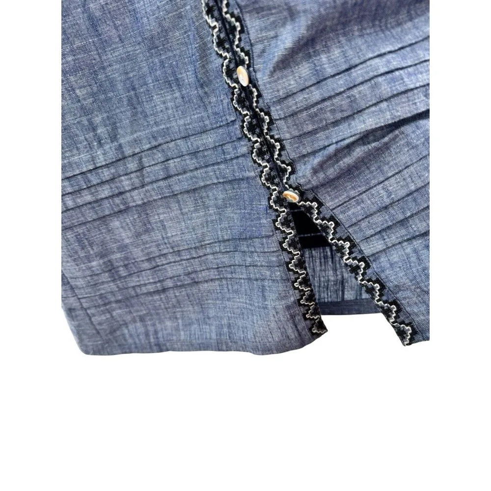 Anthropology Valiante Blue Denim Embroidered Button Up Shirt Dress Sz 0‎ Tassels - Image 5