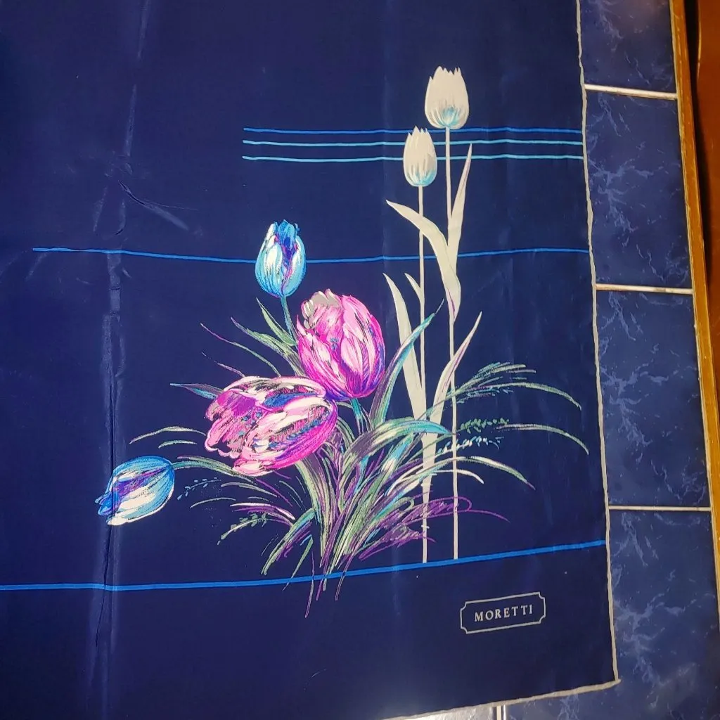 Moretti Italian Silk Scarf Floral Art Tulip Design Vintage Navy Blue Background Pink Size 33 - Image 2