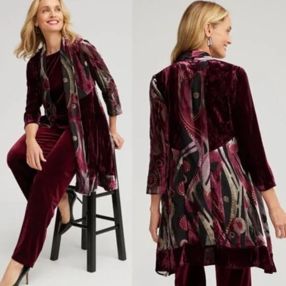 NEW Chico’s Travelers Collection Velvet Burnout Kimono Black Wine Size XS 0 - Image 2