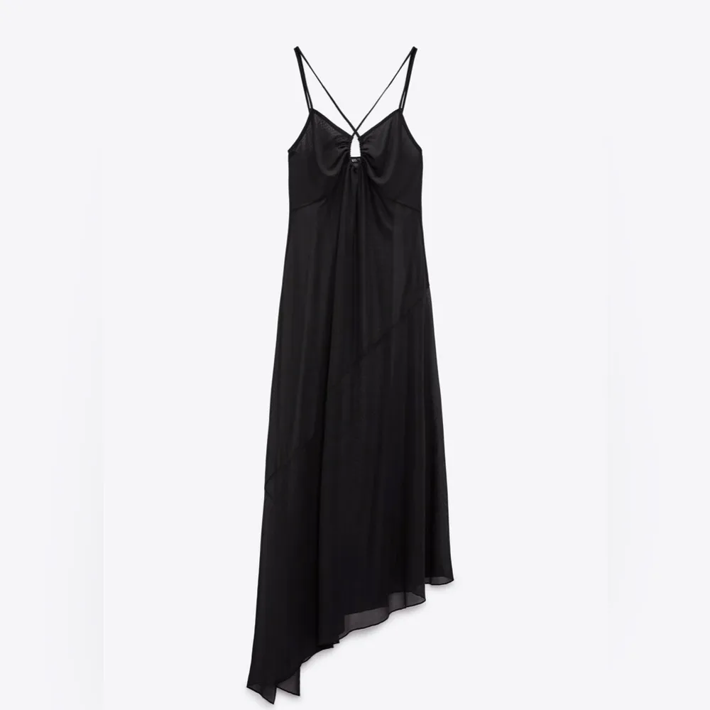 ZARA New Black Tulle Slip Midi Dress Asymmetric Hem with Spaghetti Straps Size M - Image 7