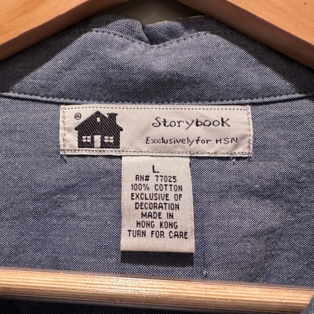 Vintage Storybook Chambray Blue Button Up Shirt Aztec Native American Bead Large - Image 3