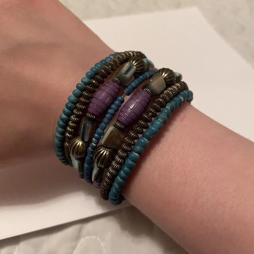 Statement Cuff Stretchy / Adjustable Bead Costume Bracelet Purple / Blue Beaded - Image 4