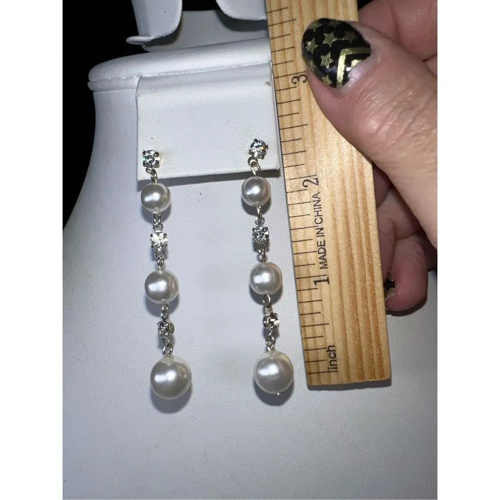 Vintage Faux Pearl and Rhinestone Linear Earrings Silver - Image 4