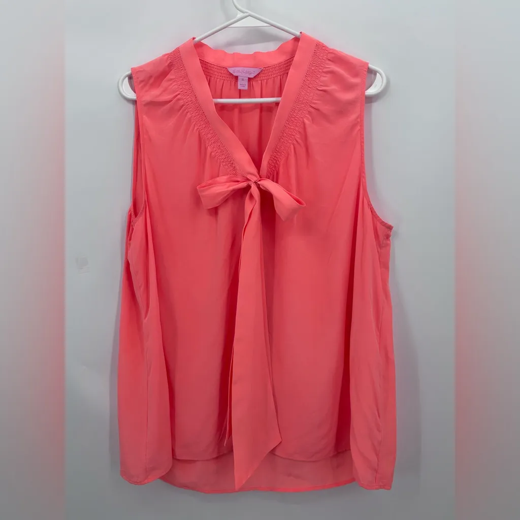 Lily Pulitzer Coral Sleeveless Bow Tie Blouse 100% silk - Image 4