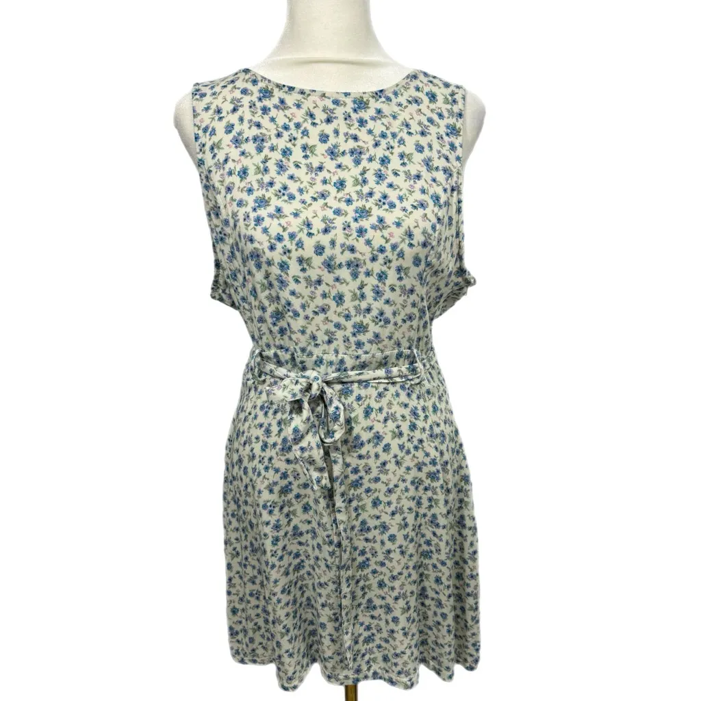 AMERICAN EAGLE Blue Floral Sleeveless Dress Tie Waist Made In Italy Women’s Sz L - Image 2