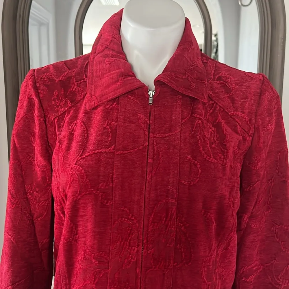 Christopher & Banks Floral Corduroy Front Zip Jacket in Red, Size L EXCELLENT - Image 2