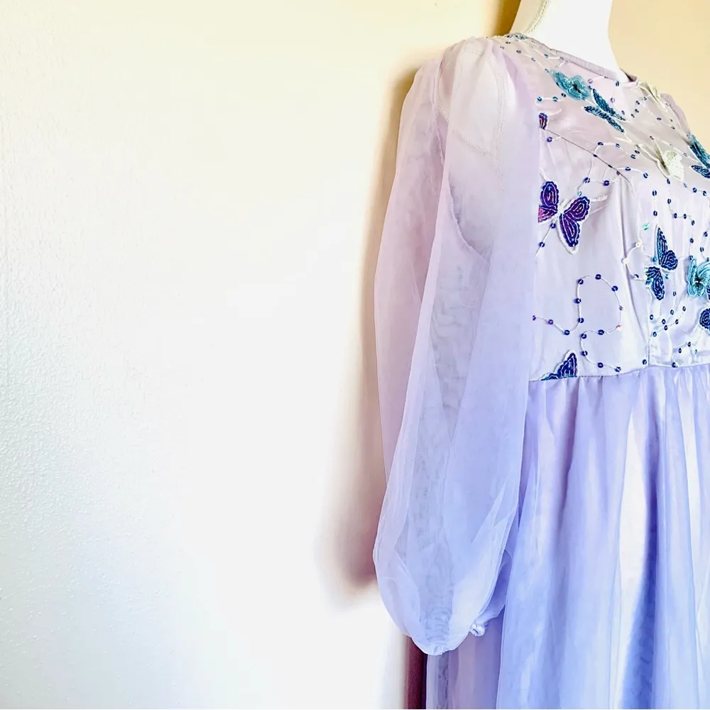 Shein Curve Purple & Blue Butterfly Print Sequin Long Sleeve Tulle Maxi Dress. - Image 5