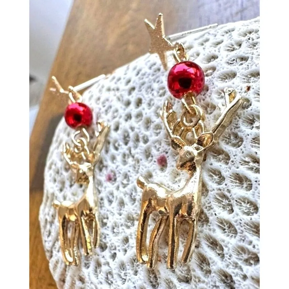 Reindeer Earrings Rudolph New Festive Christmas Eve Party Star Dangle Ho… Gold - Image 3