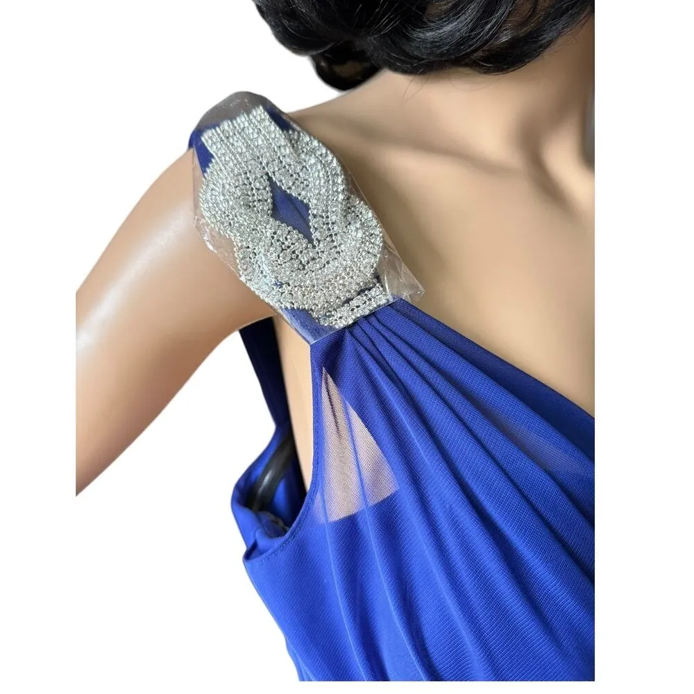 NWT XScape Blue Embellished One Shoulder Ruched Maxi Dress Gown size 14 - Image 5