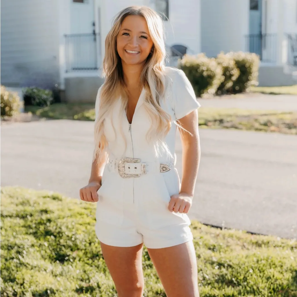 NEW NWT Show Me Your Mumu Outlaw Romper White Rhinestone Fringe Denim - Image 4