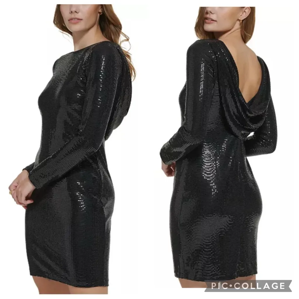 Calvin Klein Cowl Back Long Sleeve Sequin Dress Black 16 - Image 2