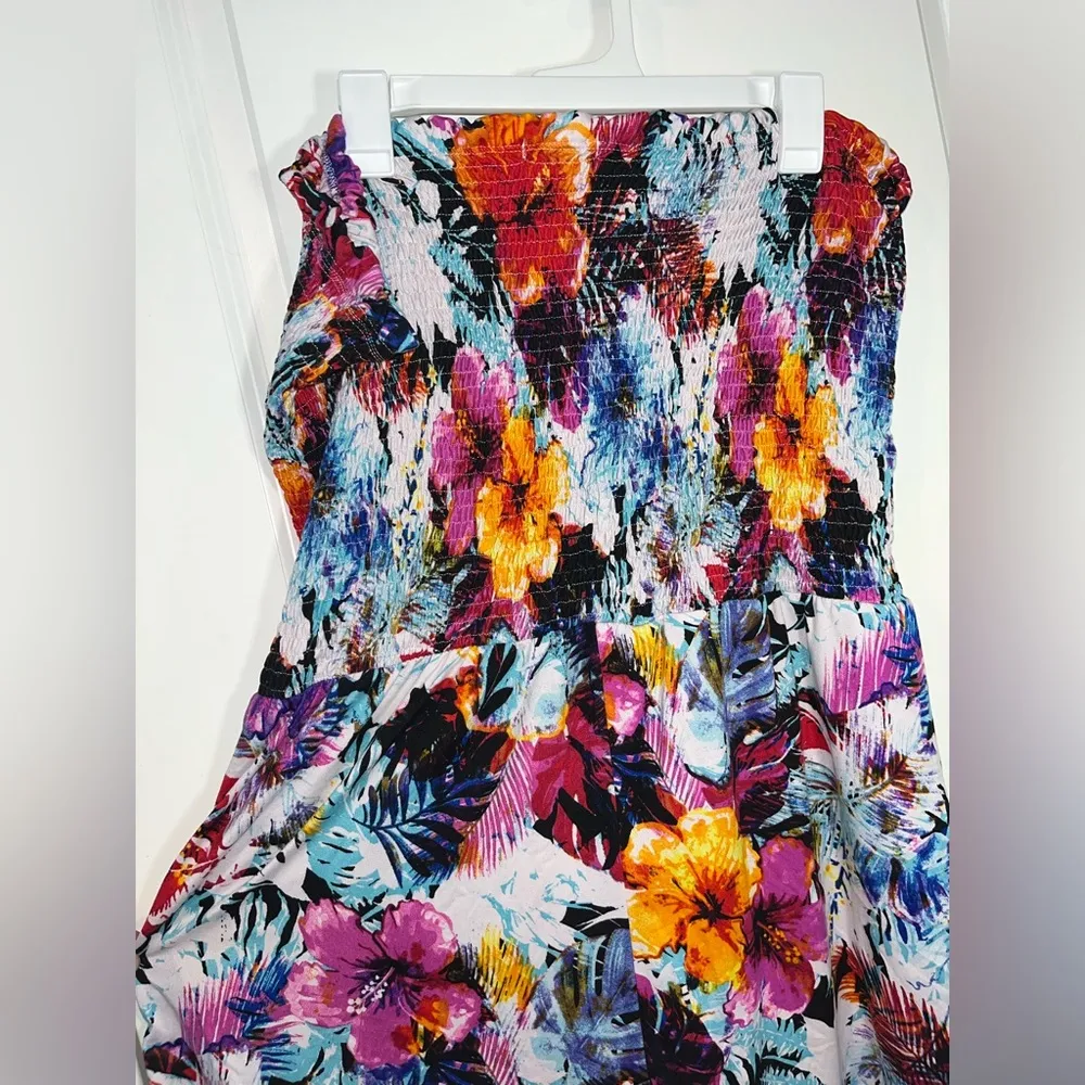 Rouge Collection NWOT Ruched Chest Strapless Romper Pockets Shorts Floral Sz 4X Pink - Image 9