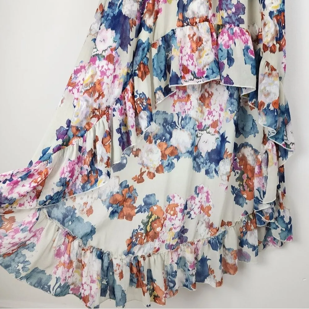 Bar III High Low Dress Asymmetric Floral Watercolor Ruffle Hem Halter Neck Small - Image 10