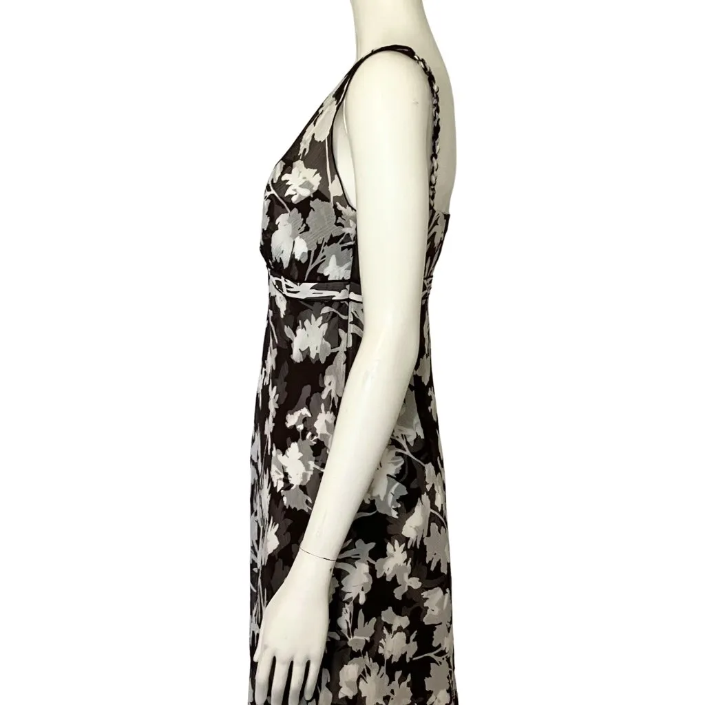 Vintage Y2K 100% Silk Ann Taylor Brown White Floral Midi Dress S/M Size 8 V Neck - Image 10