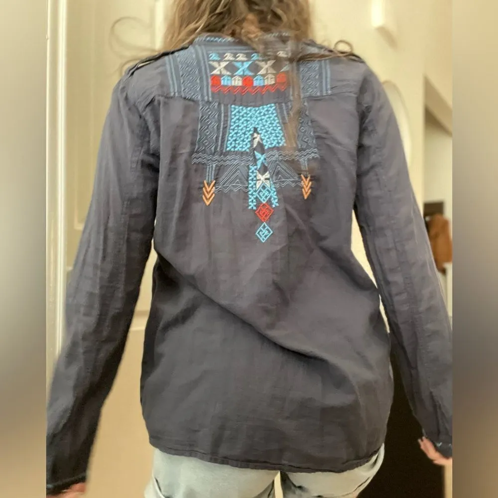 BIYA South‎ Western Embroidered Button Down Tunic Blouse Sz Small Blue Cotton - Image 2