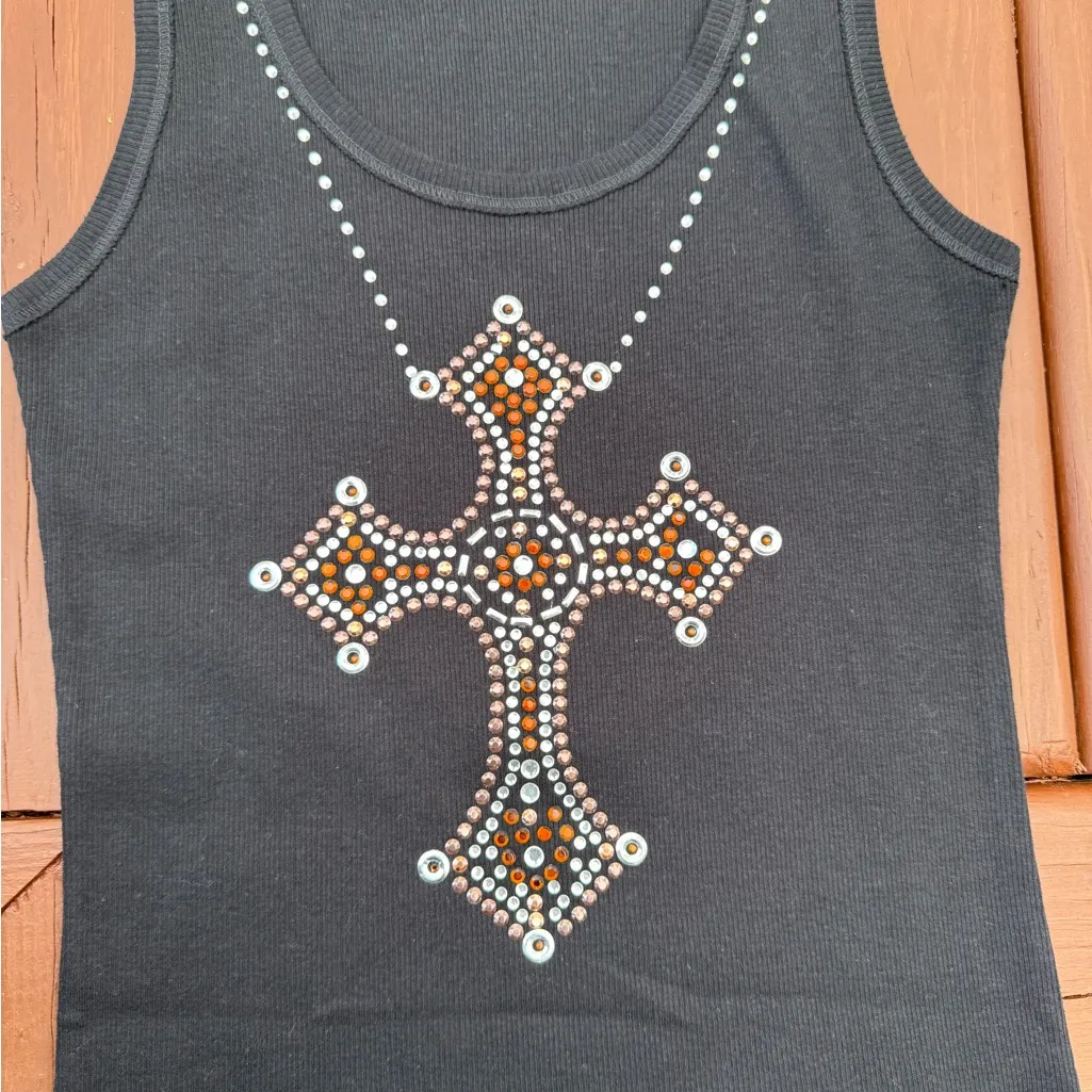 Vintage Emily Blu Black Ribbed Tank Top with Rhinestone Cross – Made in USA – M Size M - Image 3