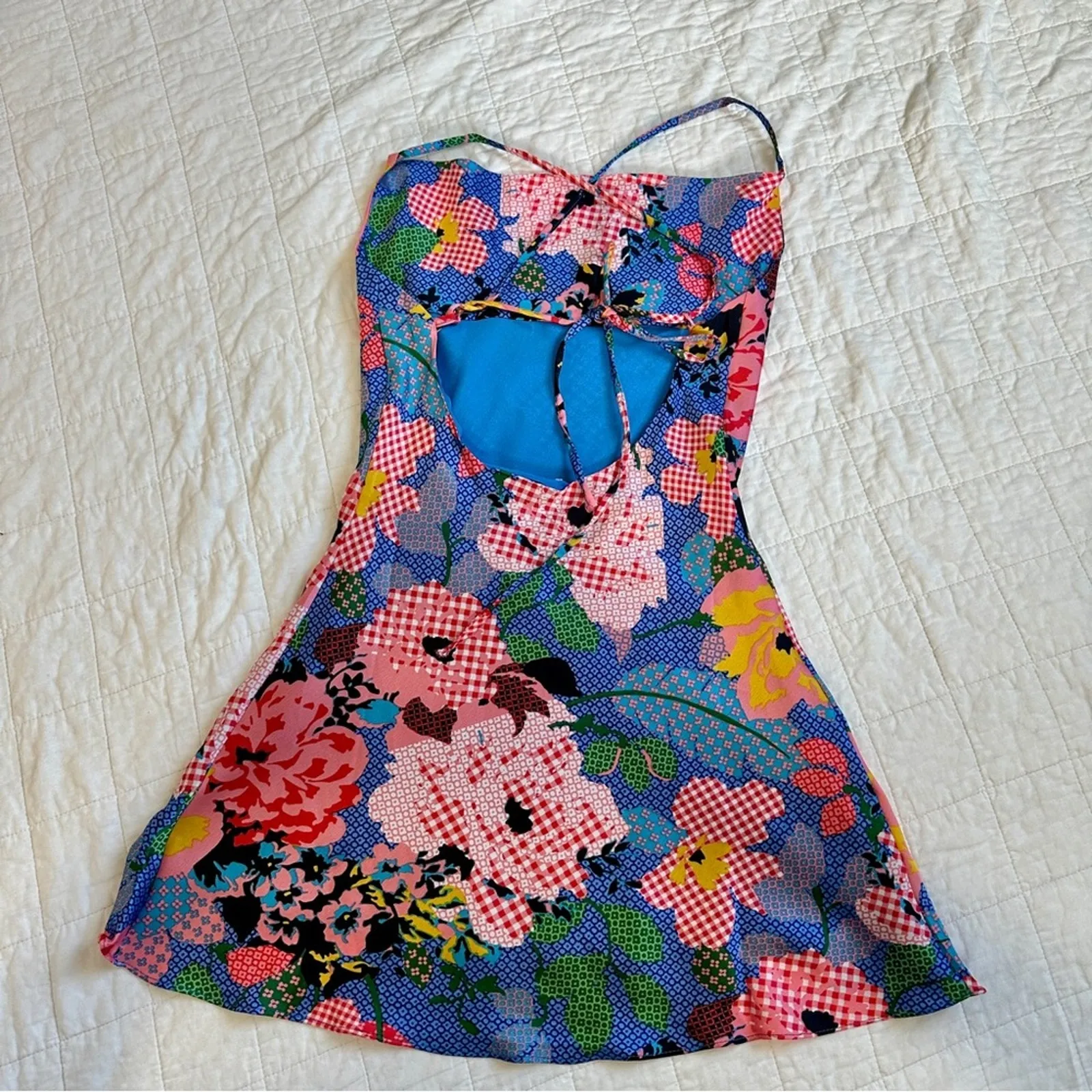 Princess Polly Greta Floral Mini Dress Satin Patchwork 2 XS - Image 3