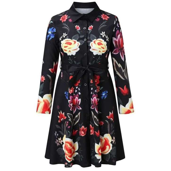 Women Floral Printed Casual Button Down Belted Blouse Dress SMALL Multi - Image 2