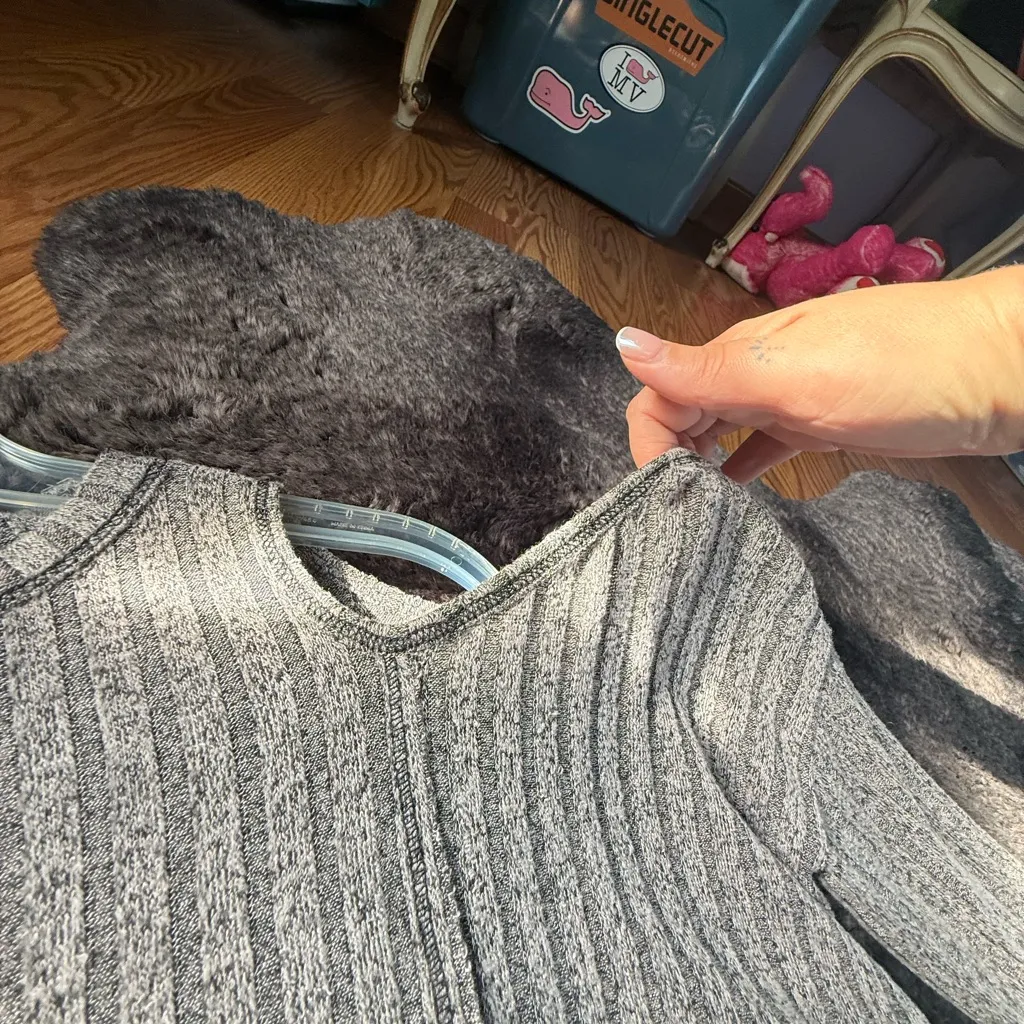 Sage Gray Ribbed Knit Cold Shoulder Long Sleeve Top - Image 2