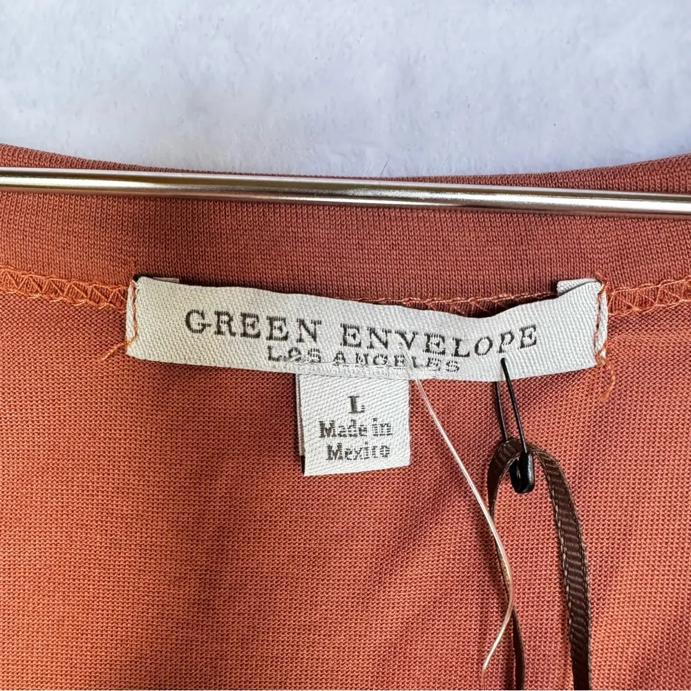 Burnt Orange V Neck Knotted Button Front Sleeveless Summer Top Green Envelope Size L - Image 4