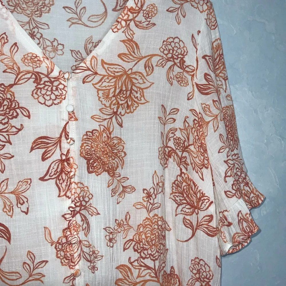 Nanette Lepore Orange & White Floral V-Neck Ruffle Short Sleeve Feminine Top XL - Image 6