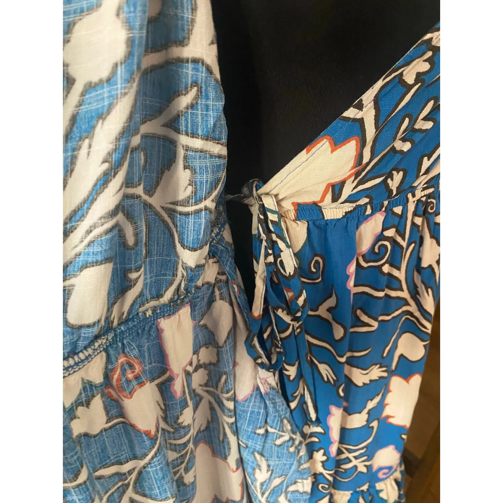 Knox Rose Blue Floral Boho Midi Dress Puff Sleeve Tiered True Wrap Sze M Pockets - Image 5