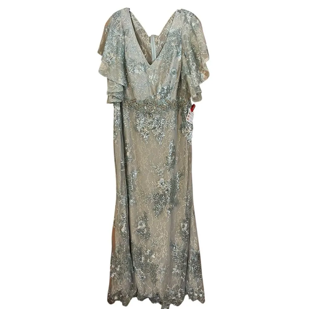 Mac Duggal Size 22 NEW Seafoam Green Bell Sleeve Floral Embellished Gown 67842 - Image 4