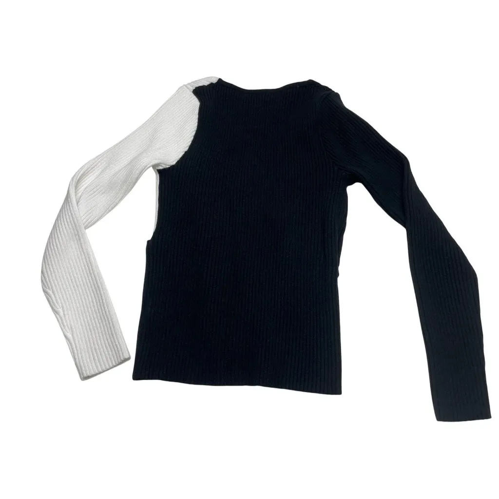 Black & White Ribbed Long Sleeve Asymmetrical Wrap Top Small 85f - Image 2