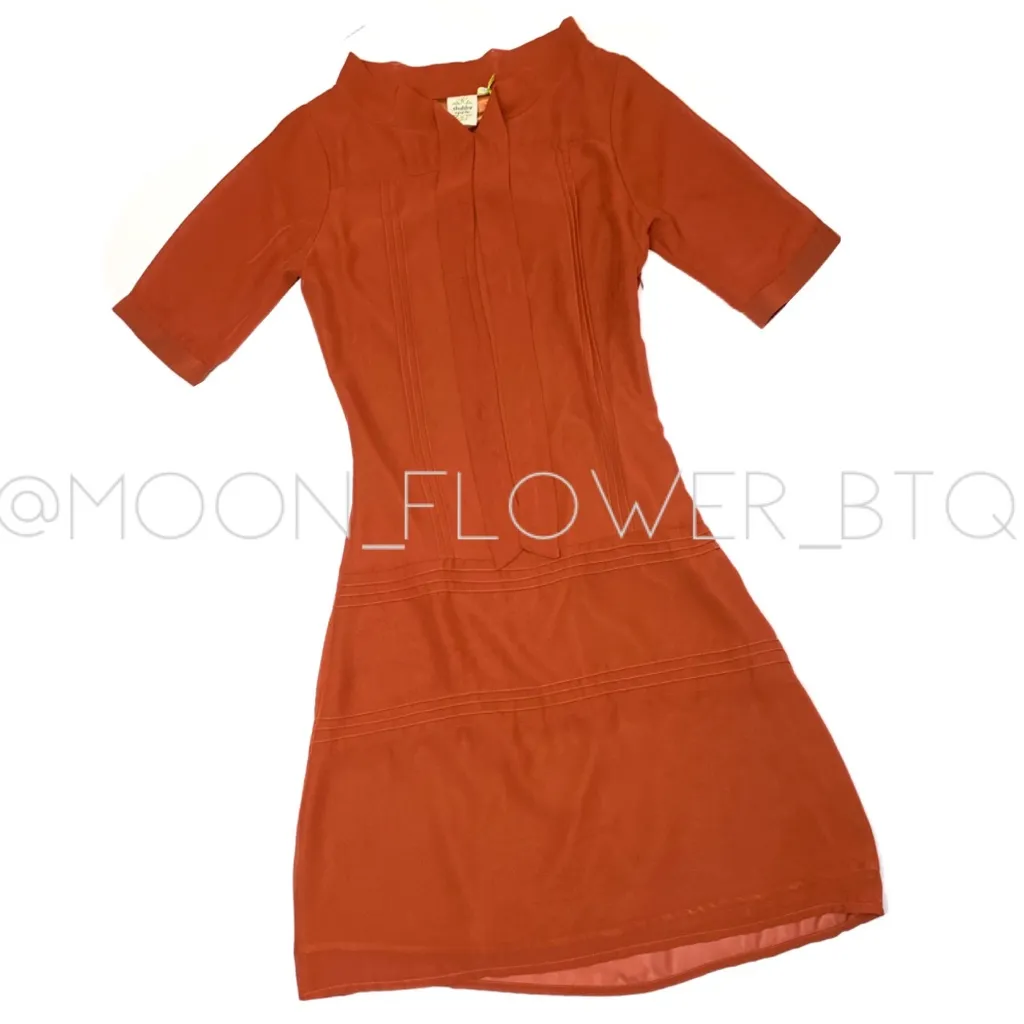 Shabby Apple Rust Orange Retro Fit & Flare Dress with Bow Neck – Size 0/2 - Image 2