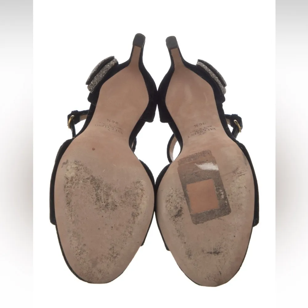 Valentino Garavani Black Velvet Sparkle Bow Strappy Heeled Sandal - Image 5