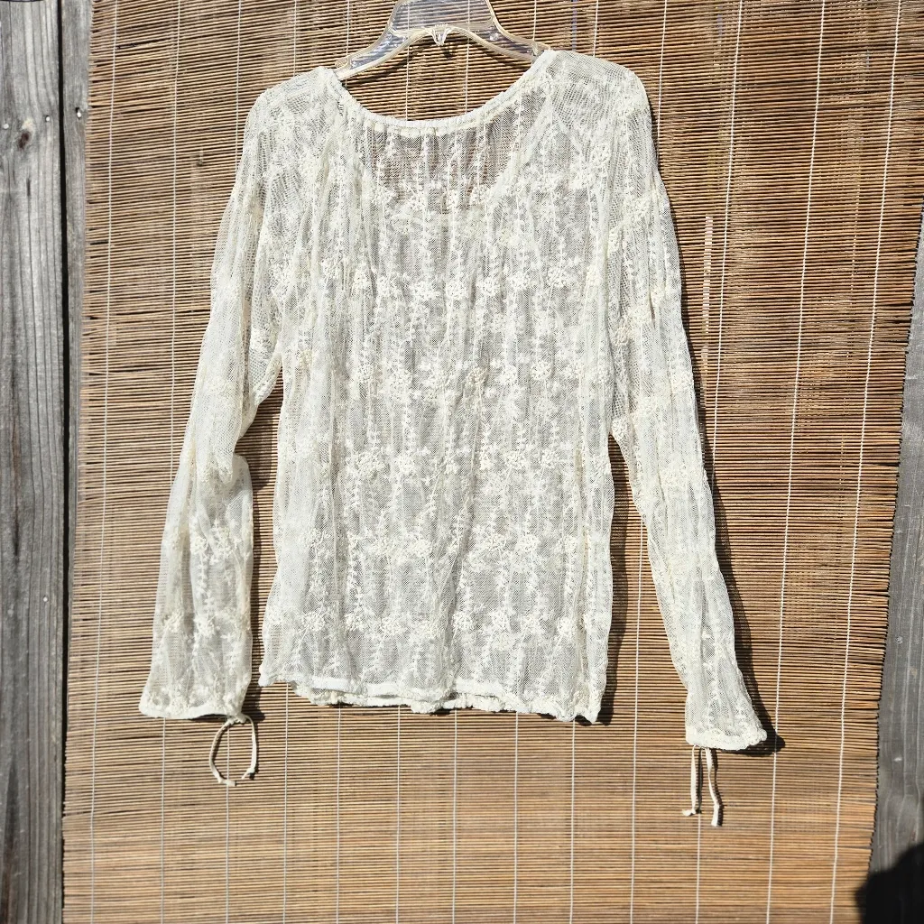 Ivory Lace Sheer Top Long Sleeve M White Size M - Image 6