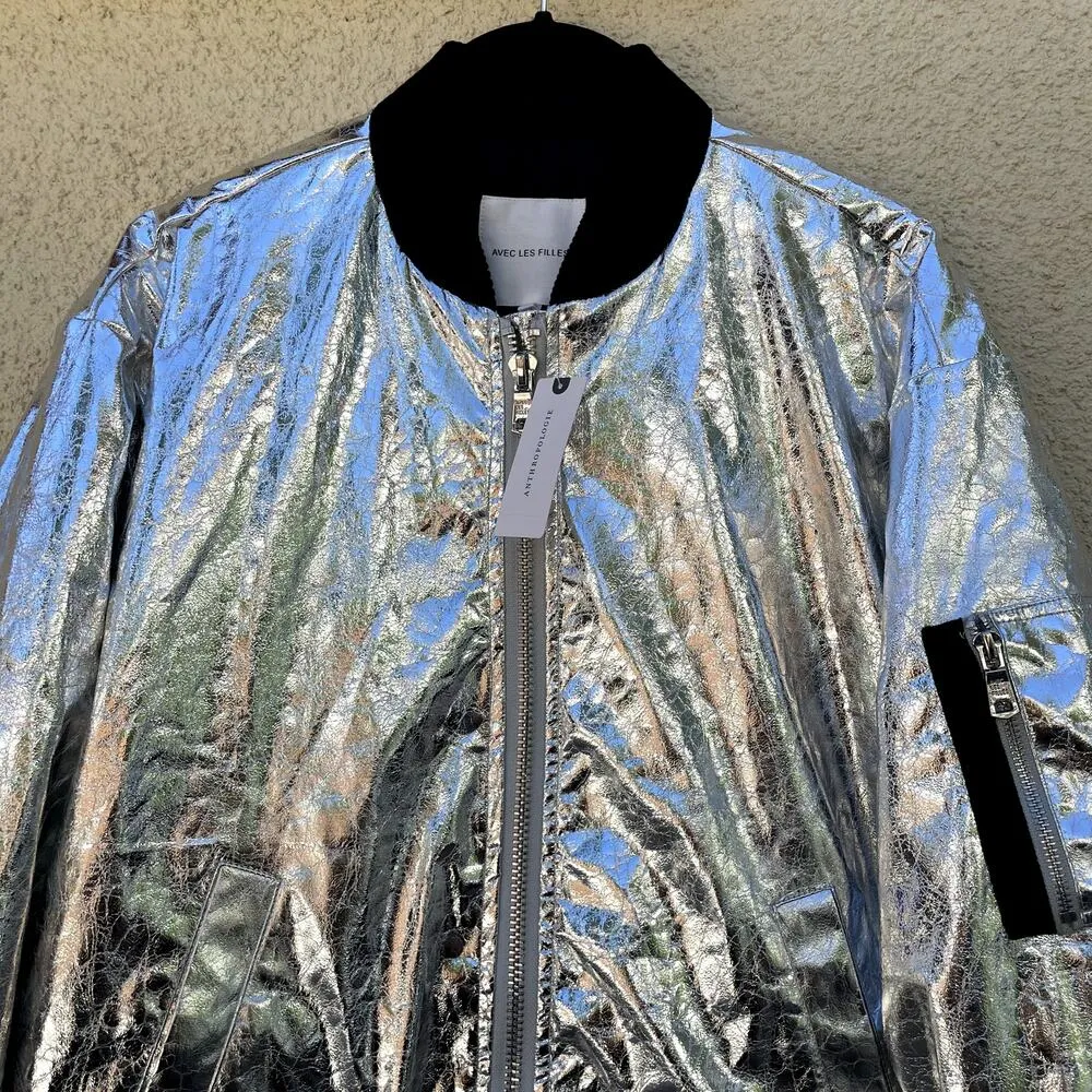 NEW Avec Les Filles Silver Faux Leather Bomber Jacket S Anthropologie - Image 2